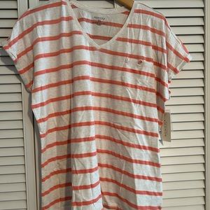 Sonoma Women’s V-neck Short Sleeve Shirt White/Salmon Stripes NWT XL